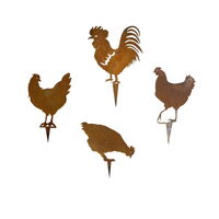 Three Chickens and Rooster Set of Four Stakes Garden Art 
