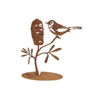 Crescent Honeyeater on Banksia Flower Stand Metal Garden Art