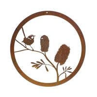 Banksia and wren round metal garden wall art